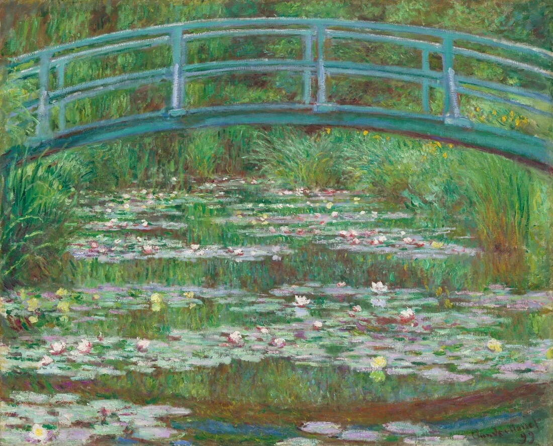 The Japanese Footbridge by Claude Monet, a green bridge above a lily pond